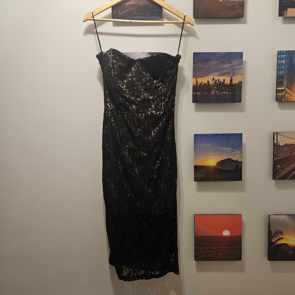 Midi Lucca Couture Black Strapless Lace Dress